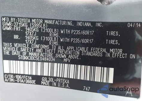 2014 Toyota Sienna Le V6 8 Passenger from USA, damaged, VIN 5TDKK3DC5ES484034